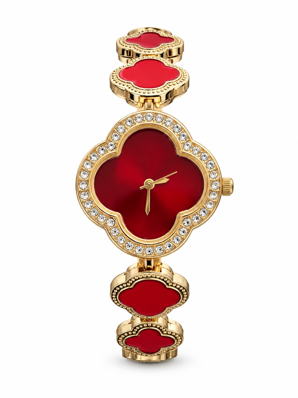 Luxury Red Clover Women’s Watch Gold Tone Crystal Bracelet Elegant Statement